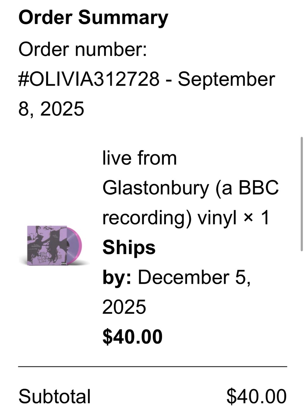 Olivia Rodrigo Live from Glastonbury Vinyl Record - Picture 3 of 3